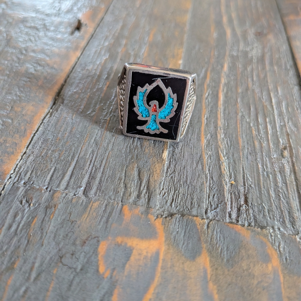 Thunderbird Turquoise Silver and Black Men's Ring Vintage
